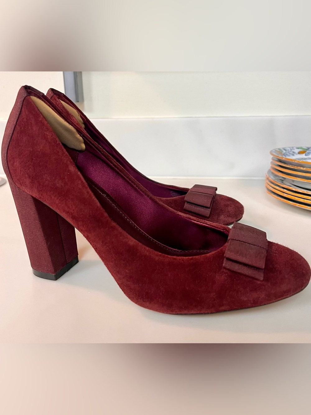 Banana Republic Burgundy Suede Block Heel Pumps with Bow